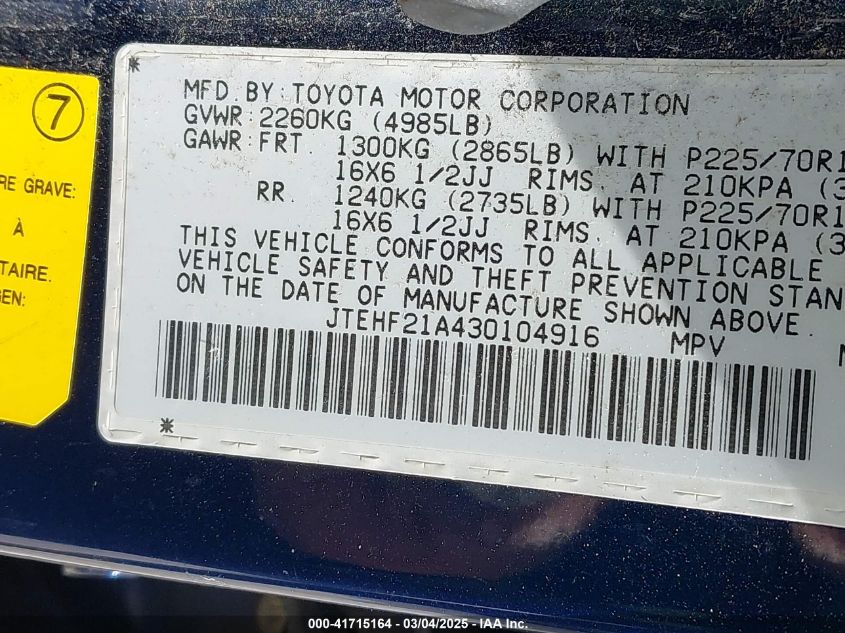 2003 Toyota Highlander V6 VIN: JTEHF21A430104916 Lot: 41715164