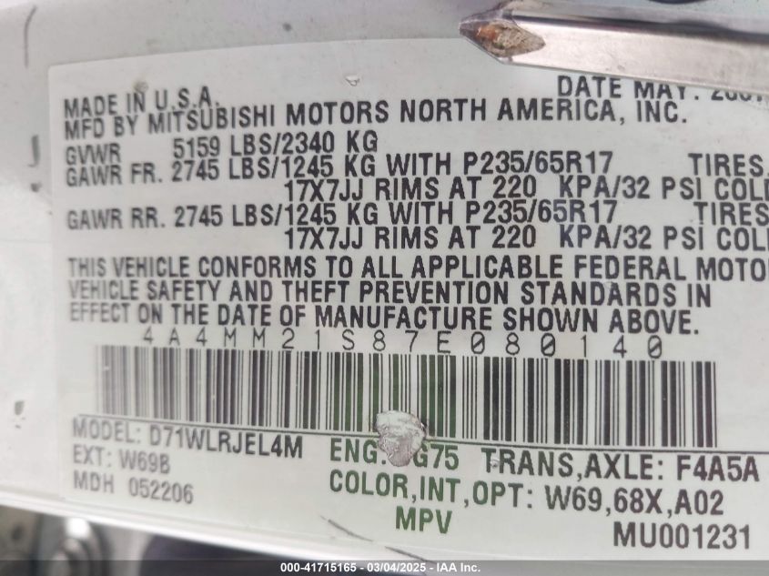 2007 Mitsubishi Endeavor Ls VIN: 4A4MM21S87E080140 Lot: 41715165