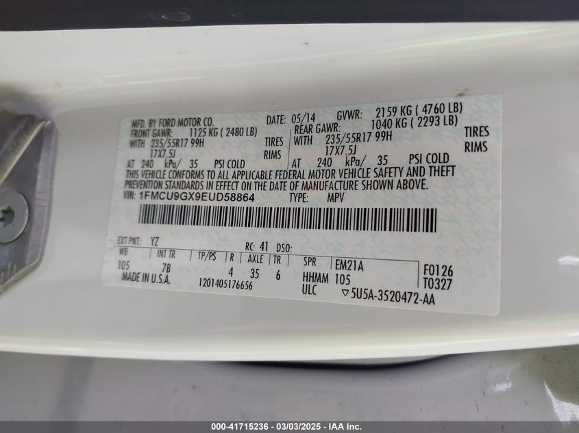 2014 FORD ESCAPE VIN: 1FMCU9GX9EUD58864
