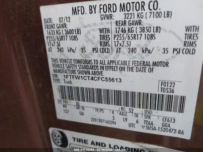 2012 Ford F-150 Xlt VIN: 1FTFW1CT4CFC55613 Lot: 41715383