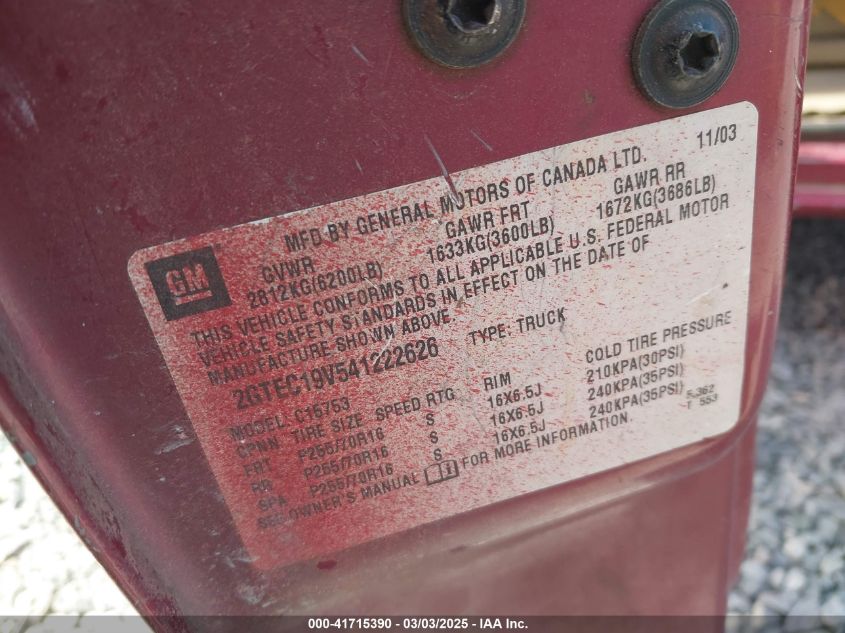 2004 GMC Sierra 1500 Sle VIN: 2GTEC19V541222626 Lot: 41715390