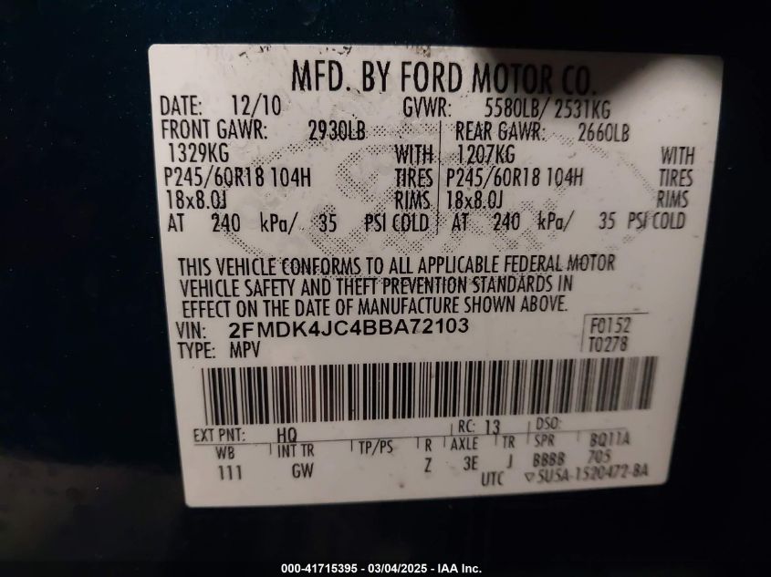 2011 Ford Edge Sel VIN: 2FMDK4JC4BBA72103 Lot: 41715395