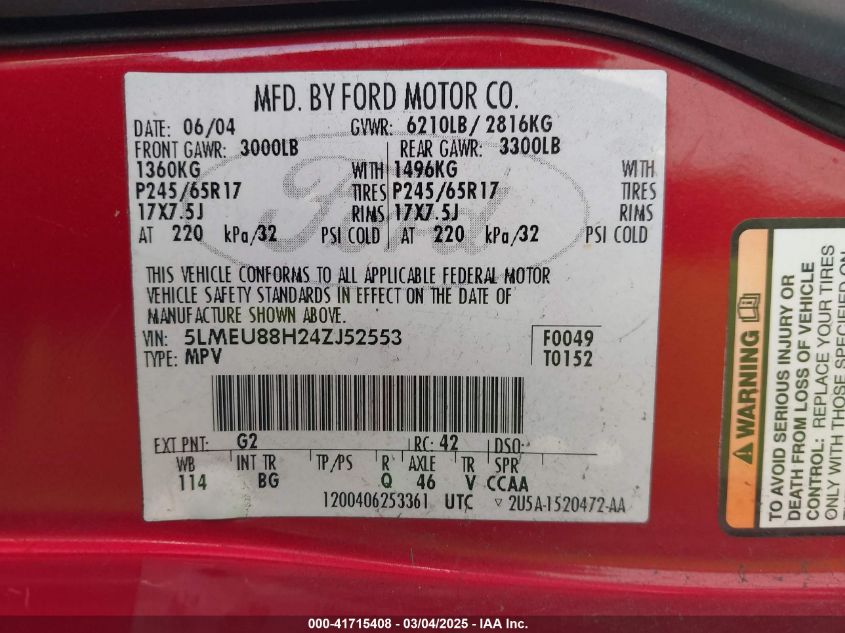 2004 Lincoln Aviator VIN: 5LMEU88H24ZJ52553 Lot: 41715408