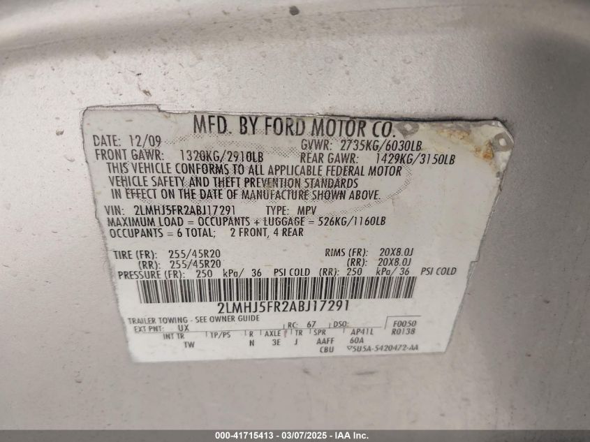 2010 Lincoln Mkt VIN: 2LMHJ5FR2ABJ17291 Lot: 41715413