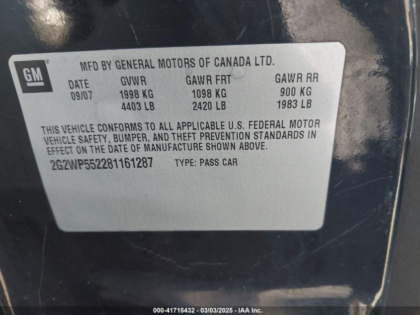 2008 Pontiac Grand Prix VIN: 2G2WP552281161287 Lot: 41715432