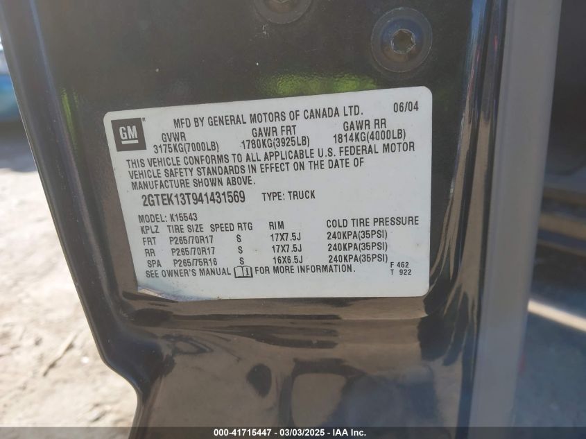 2004 GMC Sierra 1500 Slt VIN: 2GTEK13T941431569 Lot: 41715447