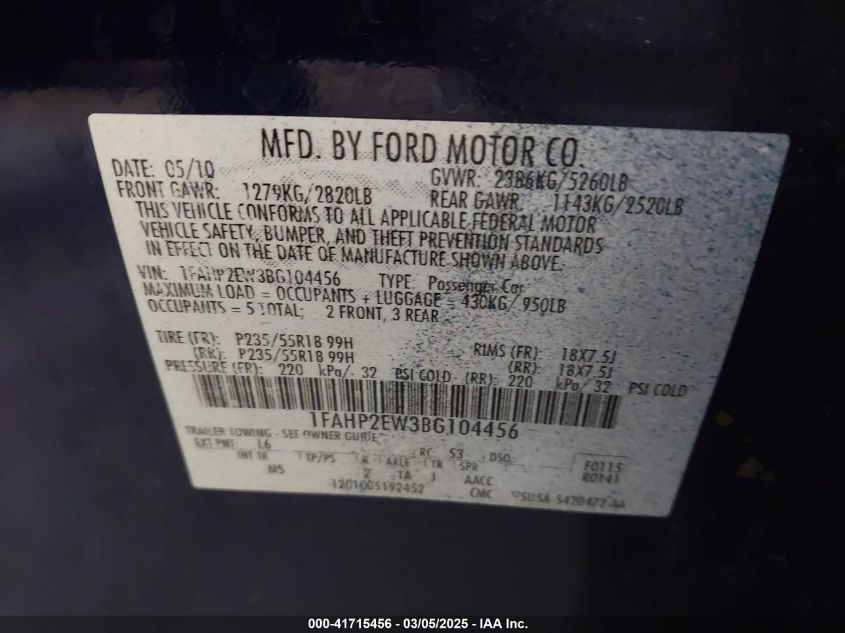 2011 Ford Taurus Sel VIN: 1FAHP2EW3BG104456 Lot: 41715456