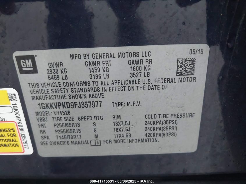 2015 GMC Acadia Sle-2 VIN: 1GKKVPKD9FJ357977 Lot: 41715531