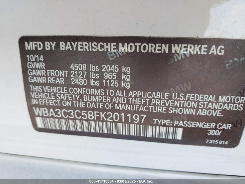 2015 BMW 320I xDrive VIN: WBA3C3C58FK201197 Lot: 41715554