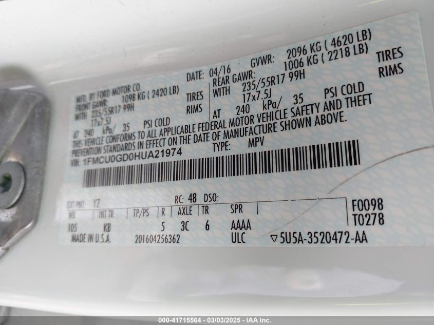 2017 Ford Escape Se VIN: 1FMCU0GD0HUA21974 Lot: 41715564