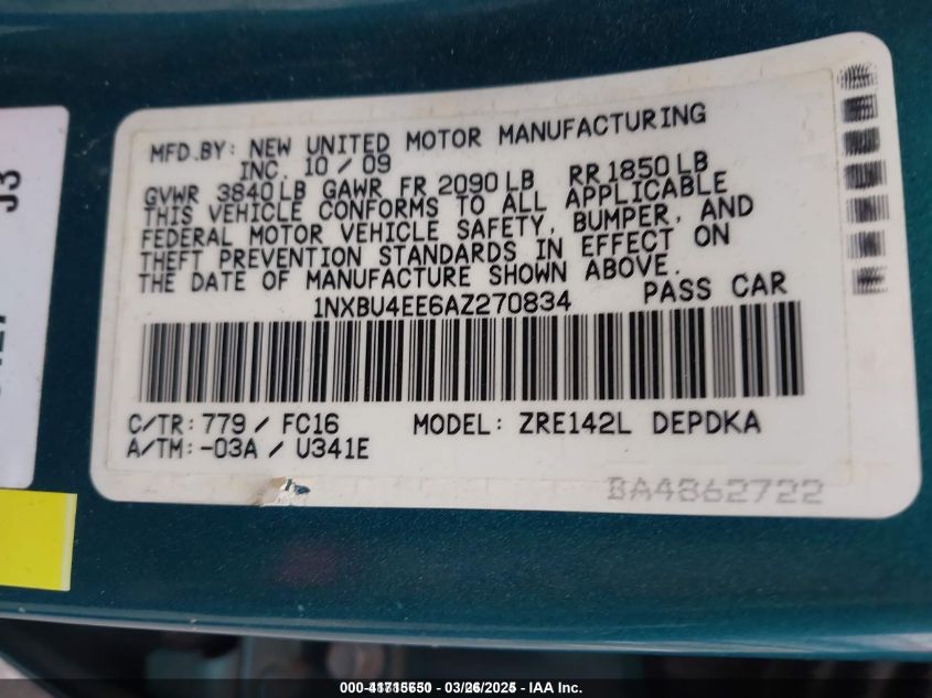 2010 Toyota Corolla Le VIN: 1NXBU4EE6AZ270834 Lot: 41715650