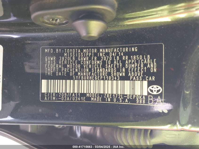2014 TOYOTA COROLLA VIN: 5YFBURHE6EP118343
