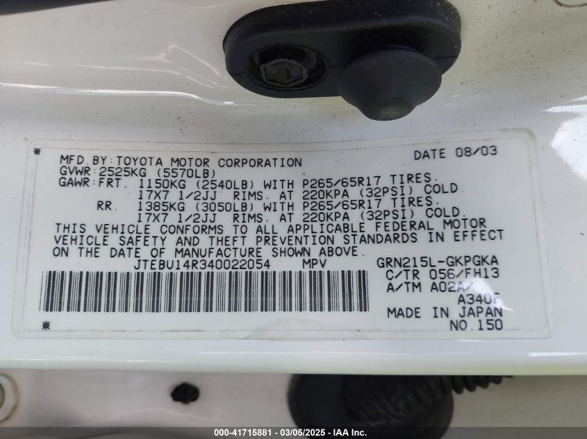 2004 Toyota 4Runner Sr5 Sport V6 VIN: JTEBU14R340022054 Lot: 41715881