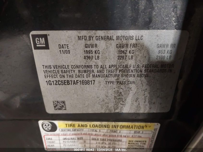 2010 Chevrolet Malibu Lt VIN: 1G1ZC5EB7AF169817 Lot: 41716043