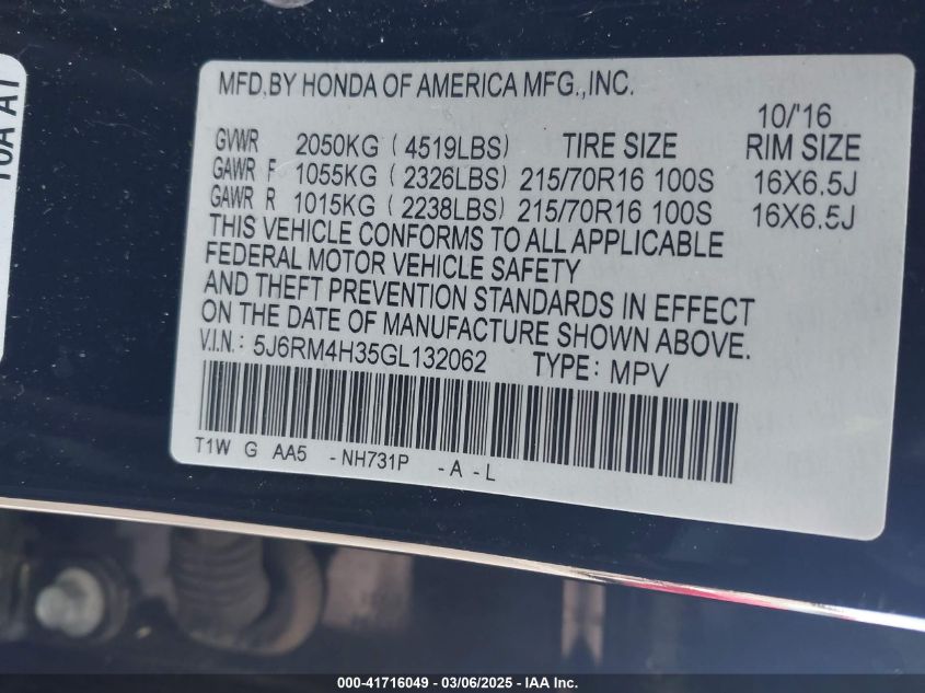 2016 Honda Cr-V Lx VIN: 5J6RM4H35GL132062 Lot: 41716049