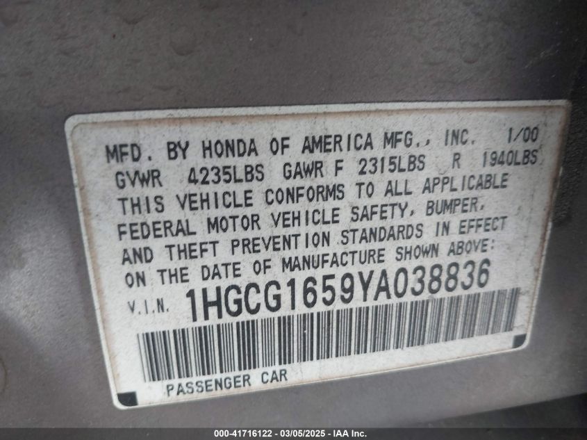 2000 Honda Accord 3.0 Ex VIN: 1HGCG1659YA038836 Lot: 41716122