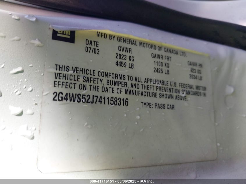 2004 Buick Century VIN: 2G4WS52J741158316 Lot: 41716151