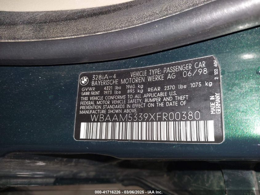 1999 BMW 328I VIN: WBAAM5339XFR00380 Lot: 41716226