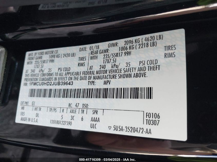 2018 Ford Escape Sel VIN: 1FMCU0HD2JUB39643 Lot: 41716309