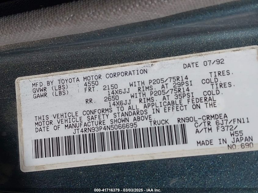 1992 Toyota Pickup 1/2 Ton Ex Lng Whlbse Dlx VIN: JT4RN93P4N5066695 Lot: 41716379