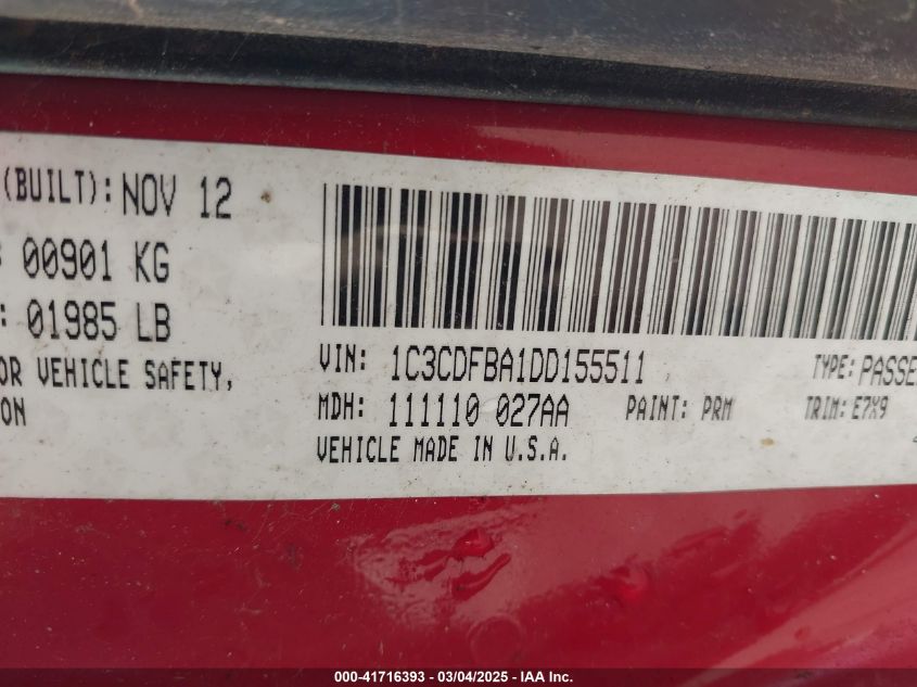 2013 Dodge Dart Sxt VIN: 1C3CDFBA1DD155511 Lot: 41716393