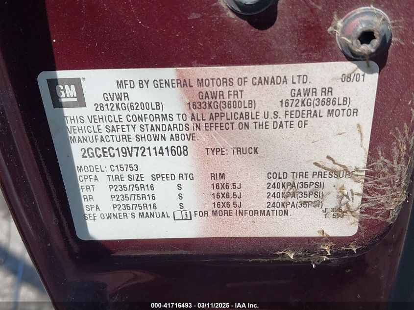 2002 Chevrolet Silverado 1500 Ls VIN: 2GCEC19V721141608 Lot: 41716493