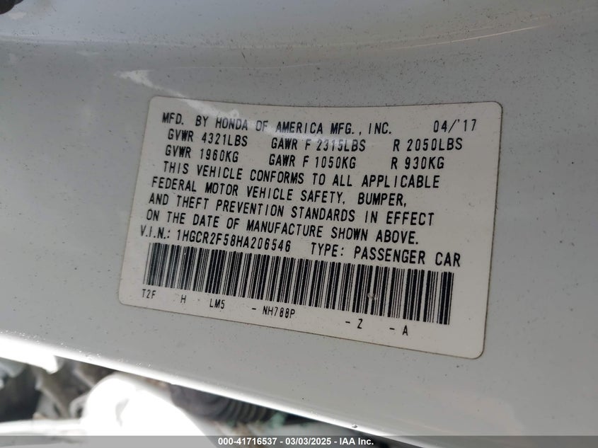 2017 HONDA ACCORD VIN: 1HGCR2F58HA206546