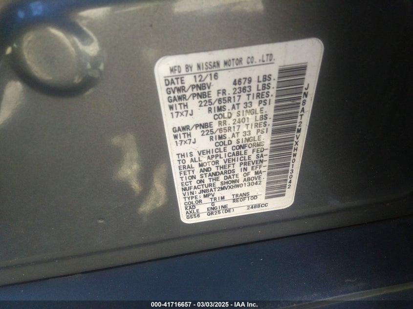 2017 NISSAN ROGUE S - JN8AT2MVXHW013042