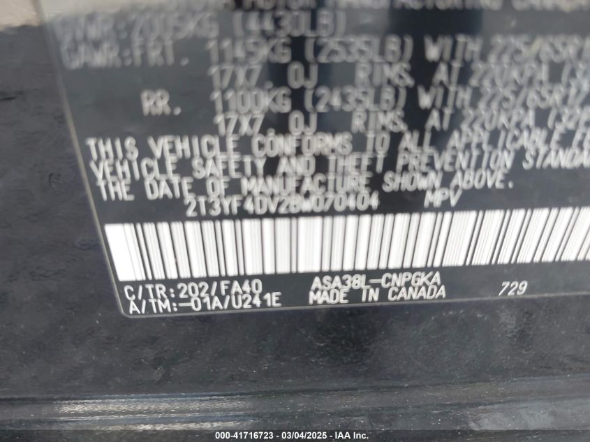 2011 Toyota Rav4 VIN: 2T3YF5DV2BW070404 Lot: 41716723