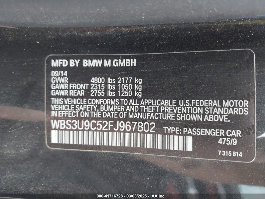 2015 BMW M4 VIN: WBS3U9C52FJ967802