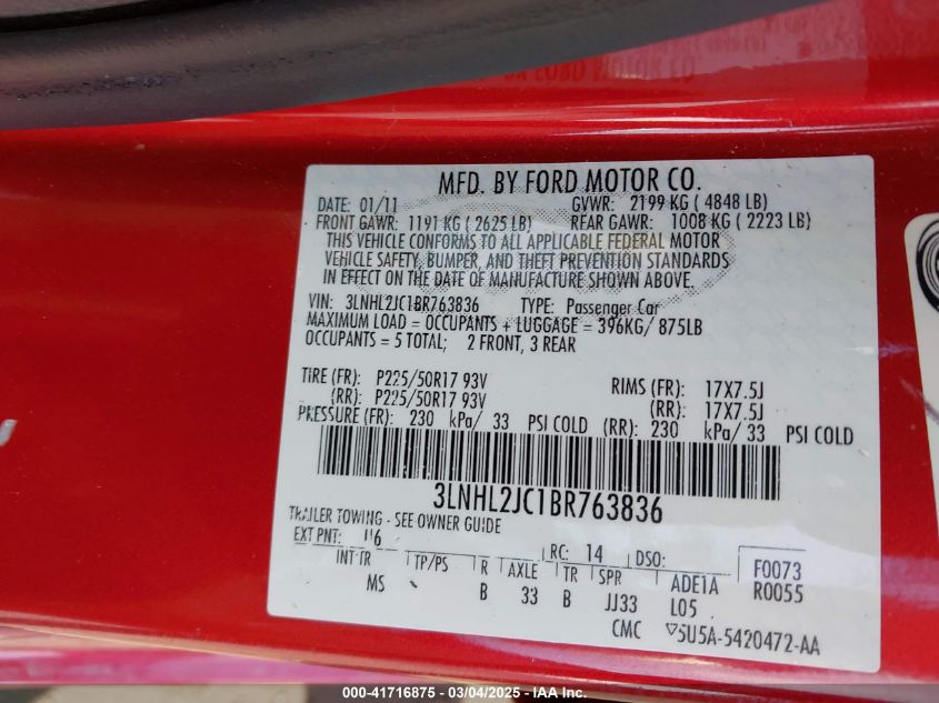 2011 Lincoln Mkz VIN: 3LNHL2JC1BR763836 Lot: 41716875