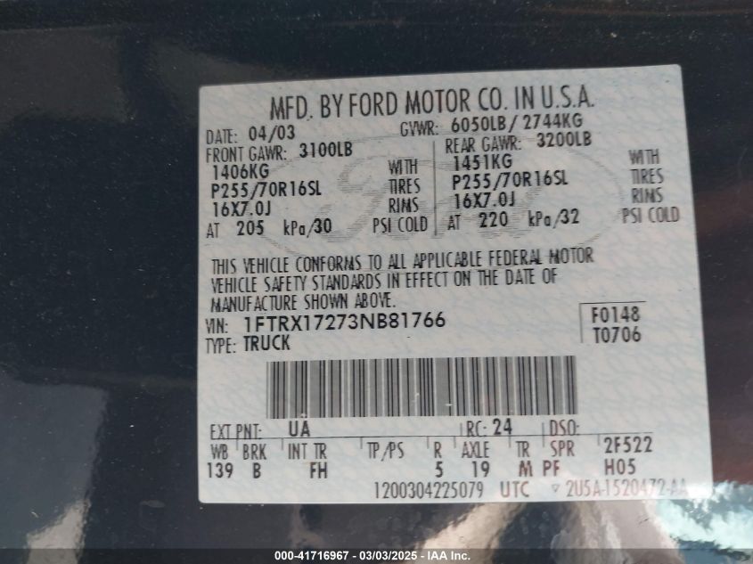 2003 Ford F-150 Xl/Xlt VIN: 1FTRX17273NB81766 Lot: 41716967