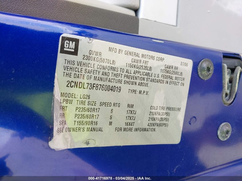 2007 Chevrolet Equinox Lt VIN: 2CNDL73F876004019 Lot: 41716978