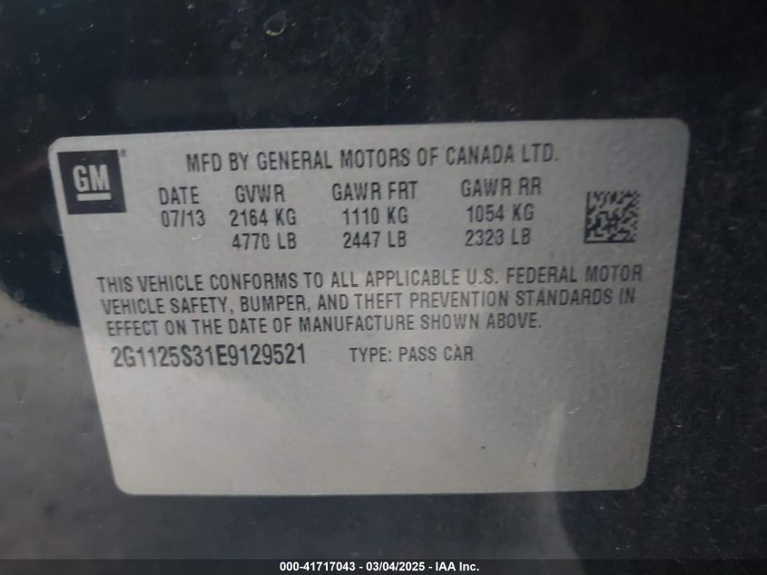 2014 Chevrolet Impala 2Lt VIN: 2G1125S31E9129521 Lot: 41717043