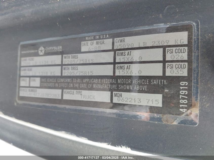 1988 Dodge Dakota VIN: 1B7GN14X7JS782383 Lot: 41717137