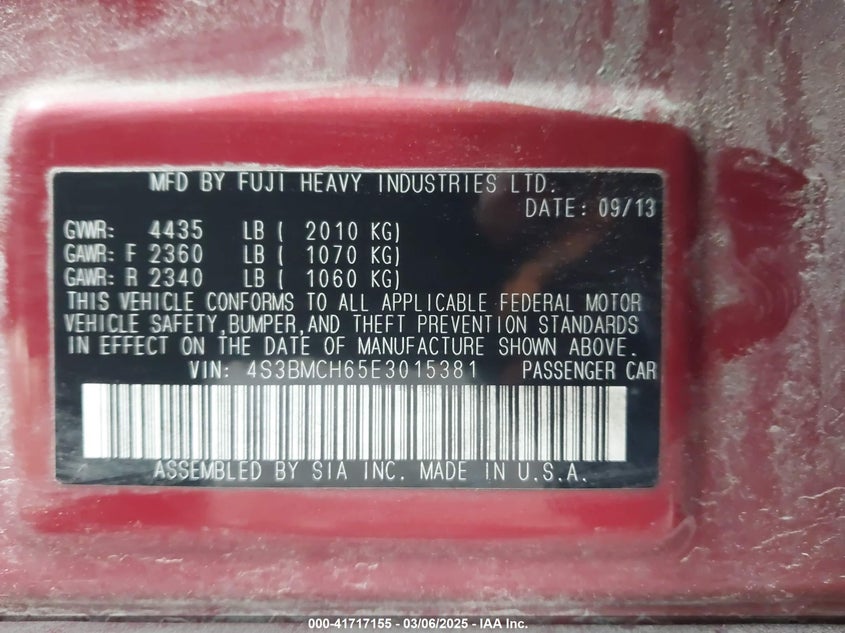 2014 SUBARU LEGACY VIN: 4S3BMCH65E3015381