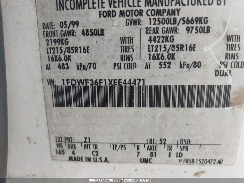 1999 Ford F-350 Lariat/Xl/Xlt VIN: 1FDWF36F1XEE44471 Lot: 41717196