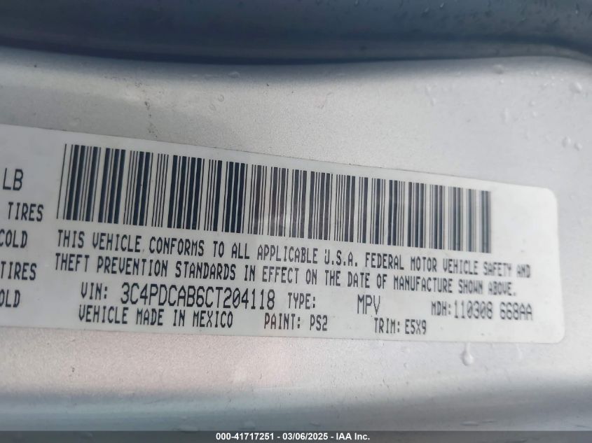 2012 Dodge Journey Se/Avp VIN: 3C4PDCAB6CT204118 Lot: 41717251