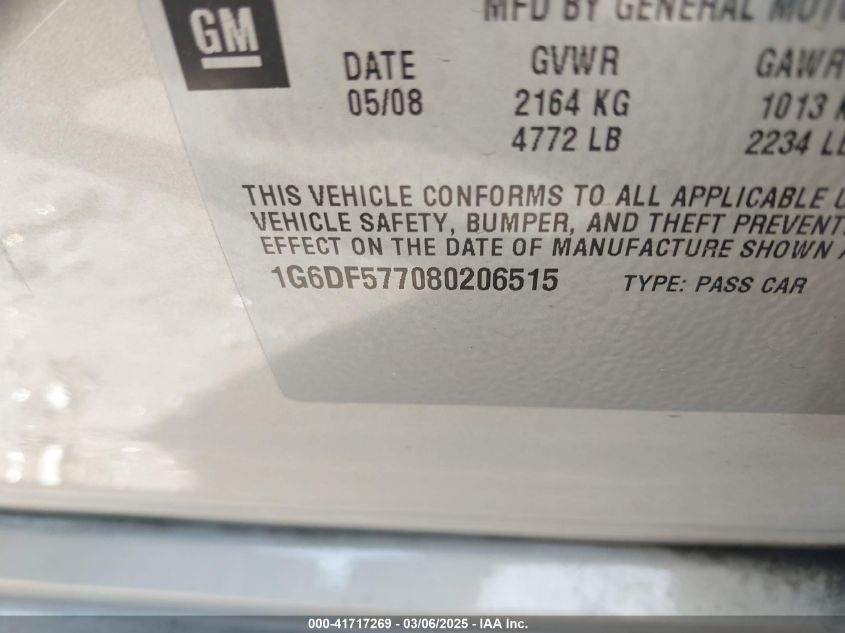 2008 Cadillac Cts Standard VIN: 1G6DF577080206515 Lot: 41717269