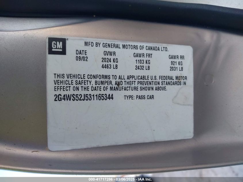 2003 Buick Century VIN: GG4WS52J531155344 Lot: 41717286