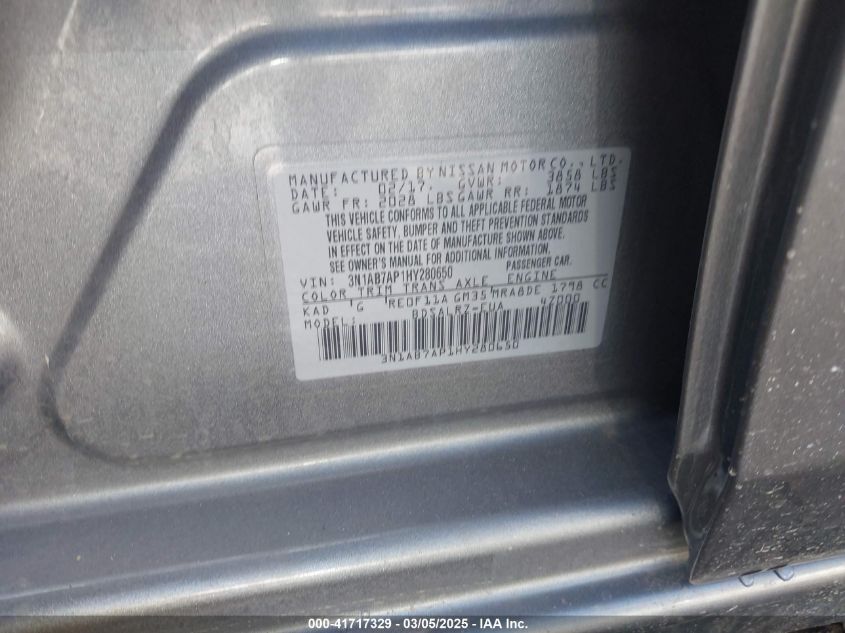2017 Nissan Sentra Sr VIN: 3N1AB7AP1HY280650 Lot: 41717329