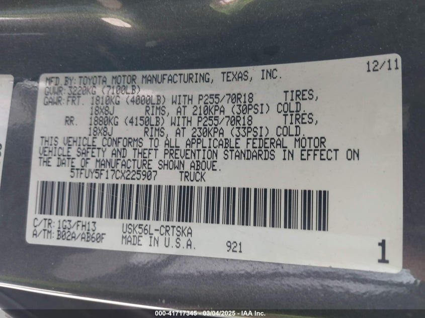 2012 TOYOTA TUNDRA VIN: 5TFUY5F17CX225907