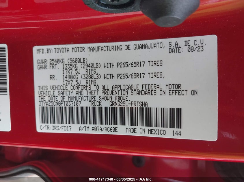 2023 TOYOTA TACOMA VIN: 3TYAZ5CN0PT037107