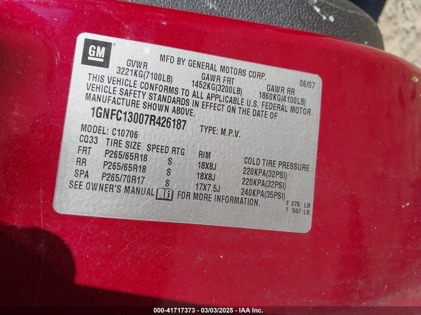 2007 Chevrolet Tahoe Lt VIN: 1GNFC13007R426187 Lot: 41717373