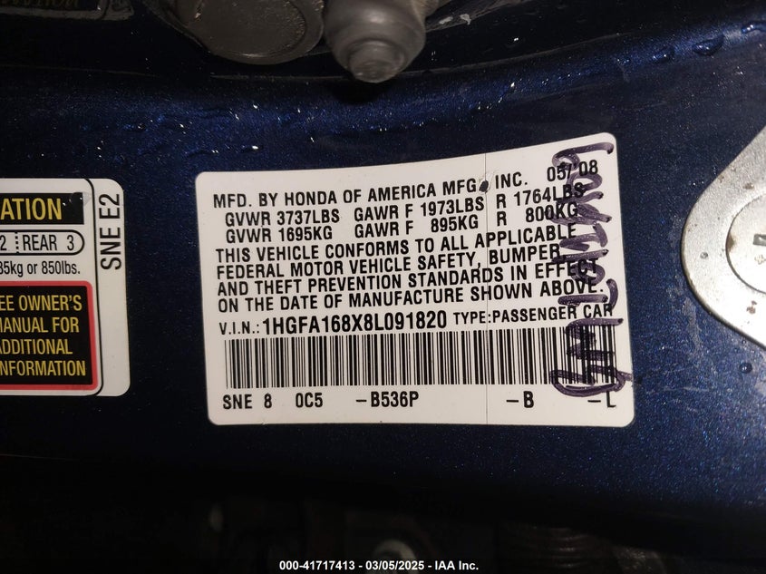 2008 HONDA CIVIC VIN: 1HGFA168X8L091820