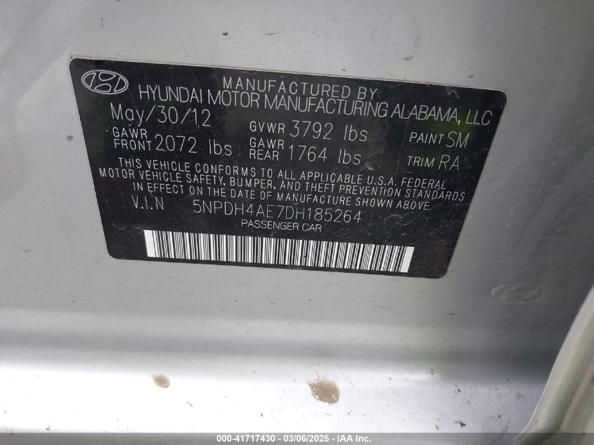 2013 Hyundai Elantra Gls VIN: 5NPDH4AE7DH185264 Lot: 41717430