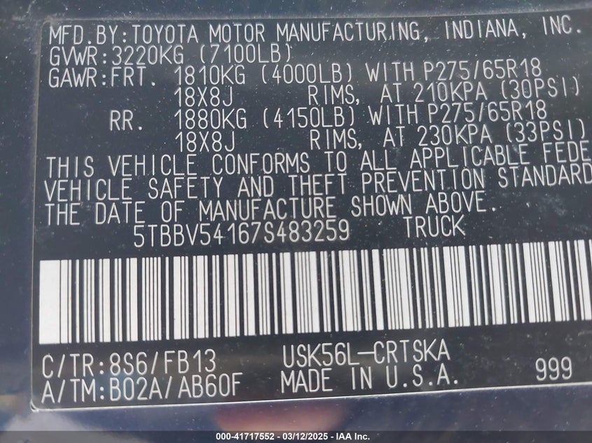 2007 TOYOTA TUNDRA VIN: 5TBBV54167S483259