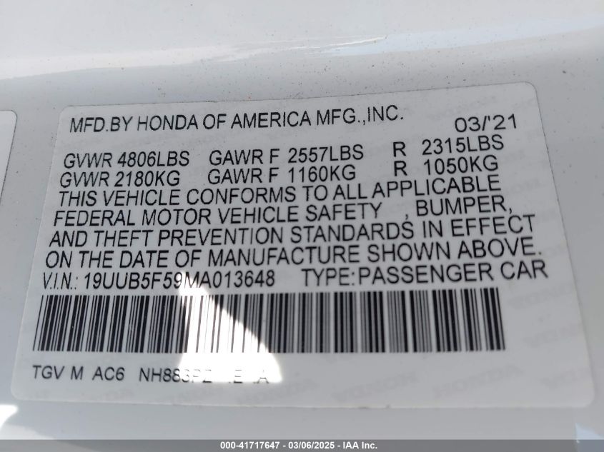 2021 Acura Tlx A-Spec Package VIN: 19UUB5F59MA013648 Lot: 41717647