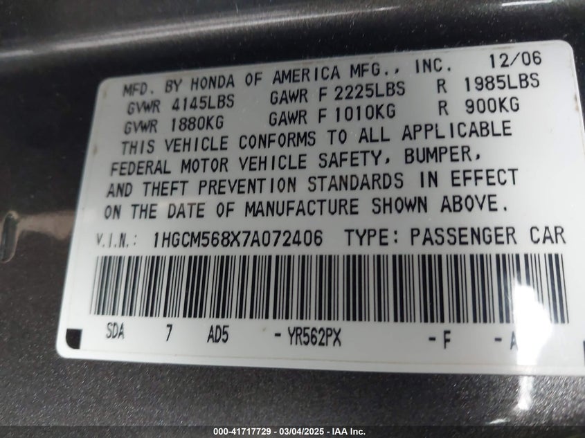 2007 HONDA ACCORD VIN: 1HGCM568X7A072406