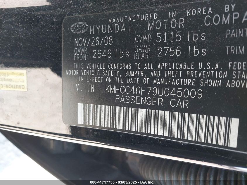 2009 Hyundai Genesis 4.6 VIN: KMHGC46F79U045009 Lot: 41717755